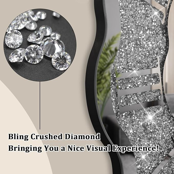 Crushed Diamond Mirror Wall Clock Silver Sparkly Crystal Decor 40cm Luxury