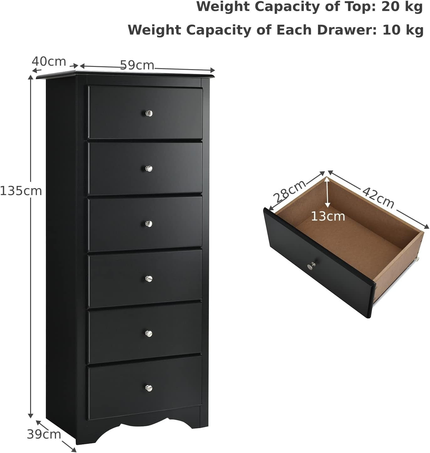 6-Drawer Tall Wooden Dresser Cabinet for Bedroom, Hallway & Living Room