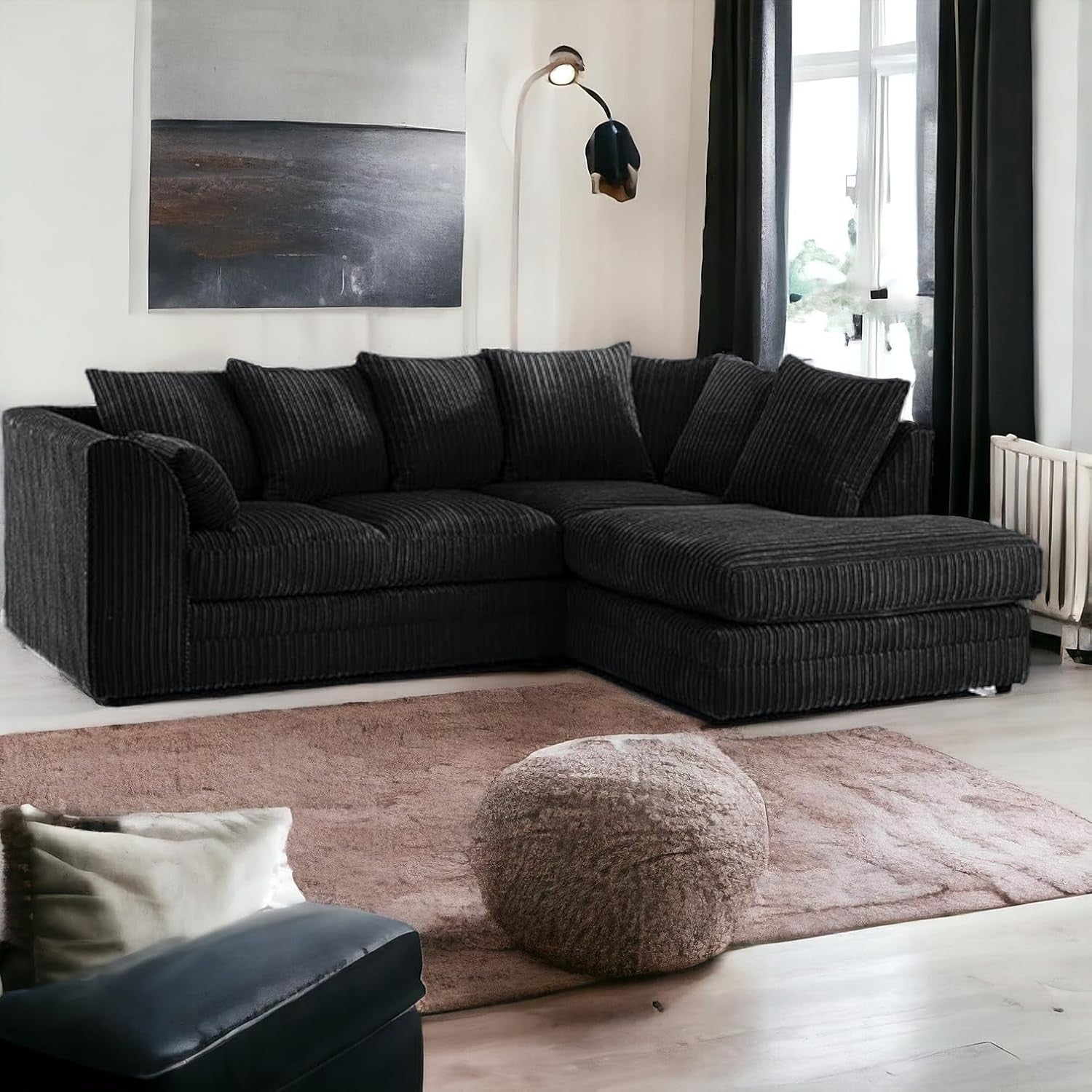 Black Jumbo Cord 4-Seater Right Hand Corner Sofa | Soft Cushions & Durable