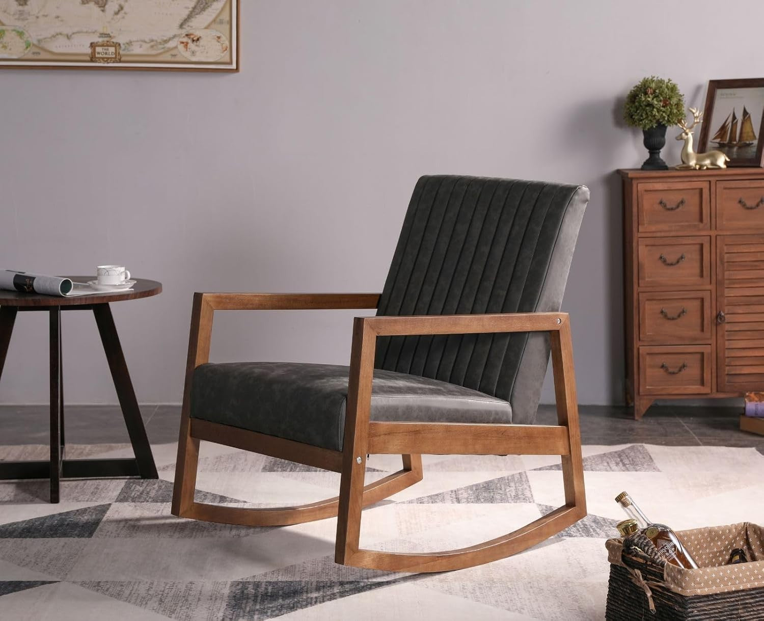 Comfortable PU Leather Rocking Chair with Wood Frame, Quilted Back