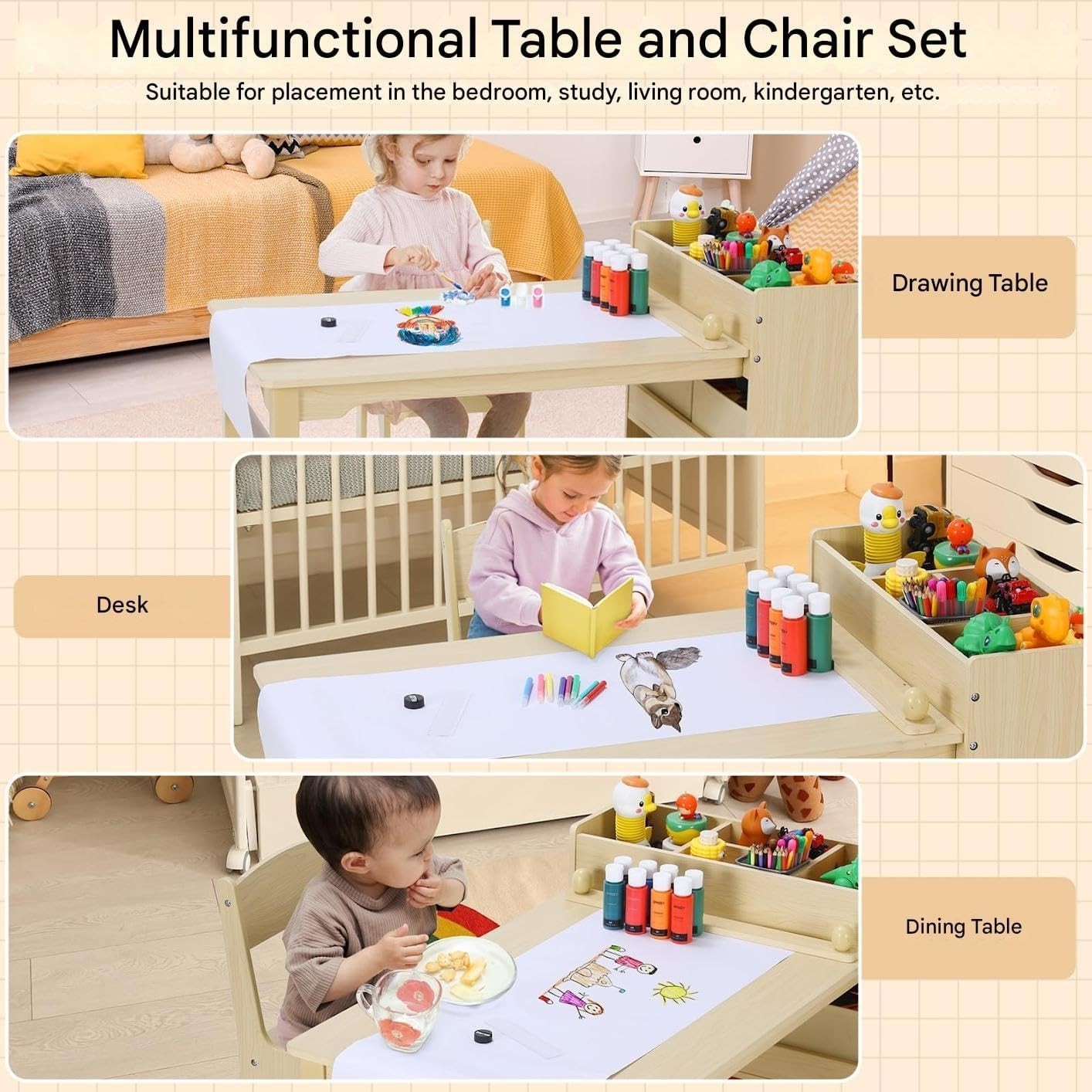 Kids Art Table and Chair Set with Storage Boxes Paper Roll Holder Drawing Desk