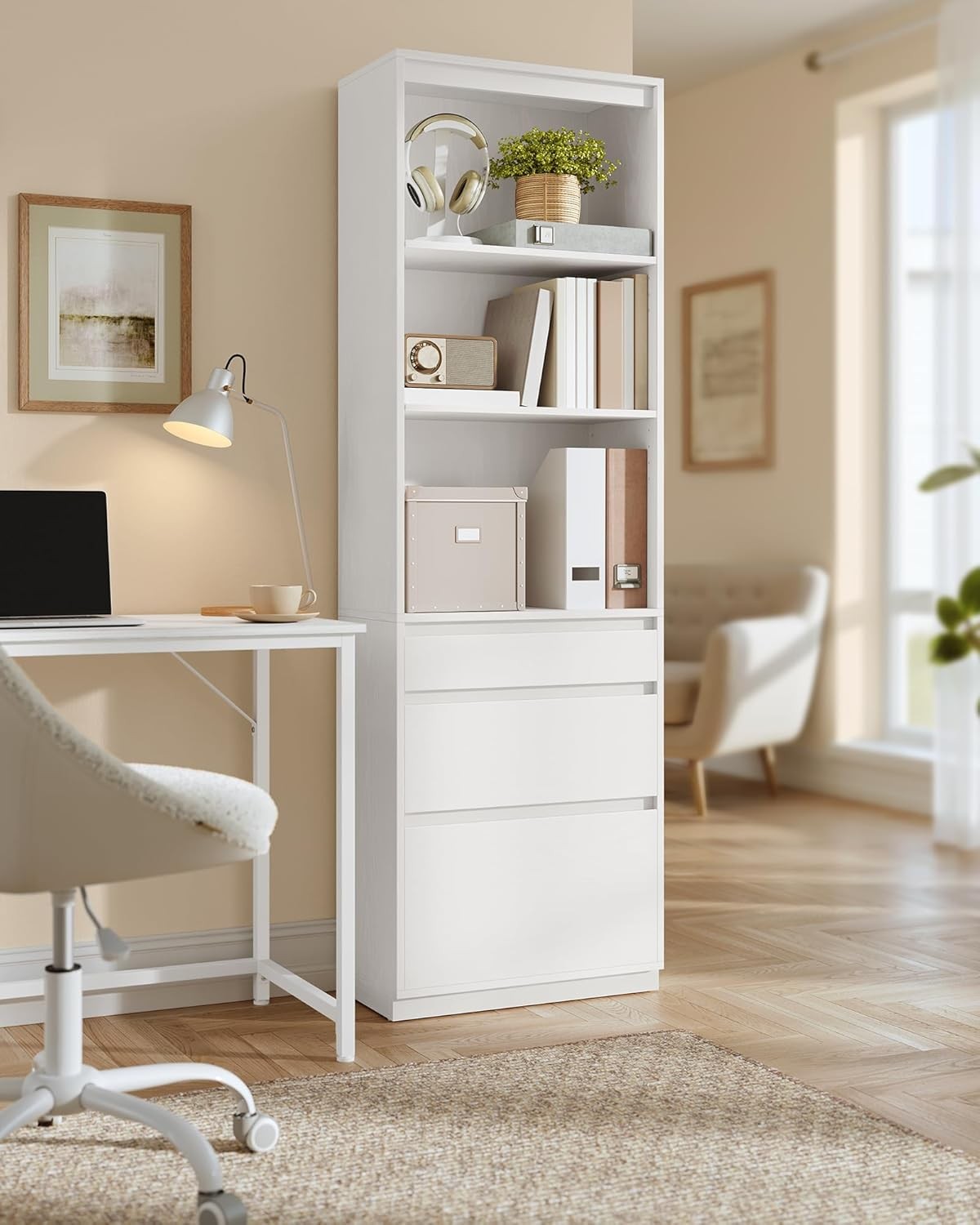 Tall White Bookcase with Drawers – Adjustable Shelves Modern 180cm Storage Unit