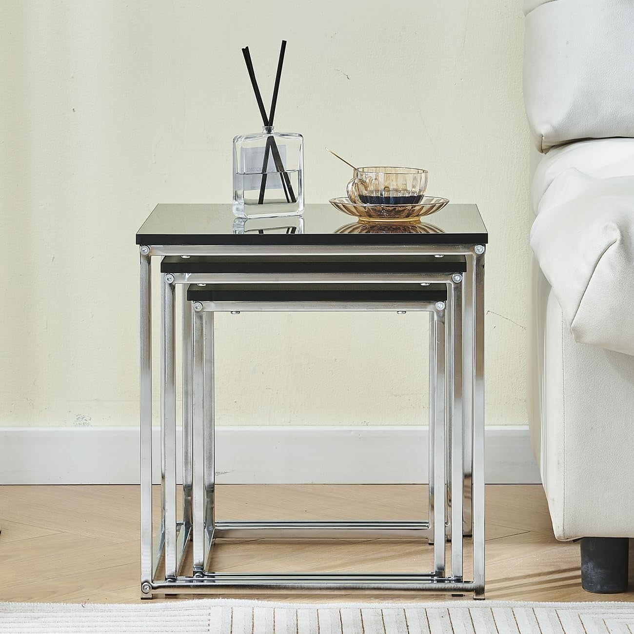 Set of 3 Black Nesting Coffee Tables Side End Bedside Lamp Table Wood Metal