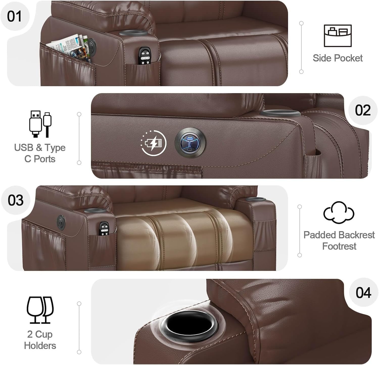 Power Lift Recliner Chair Massage Heat USB Type-C Cup Holders Faux Leather Brown