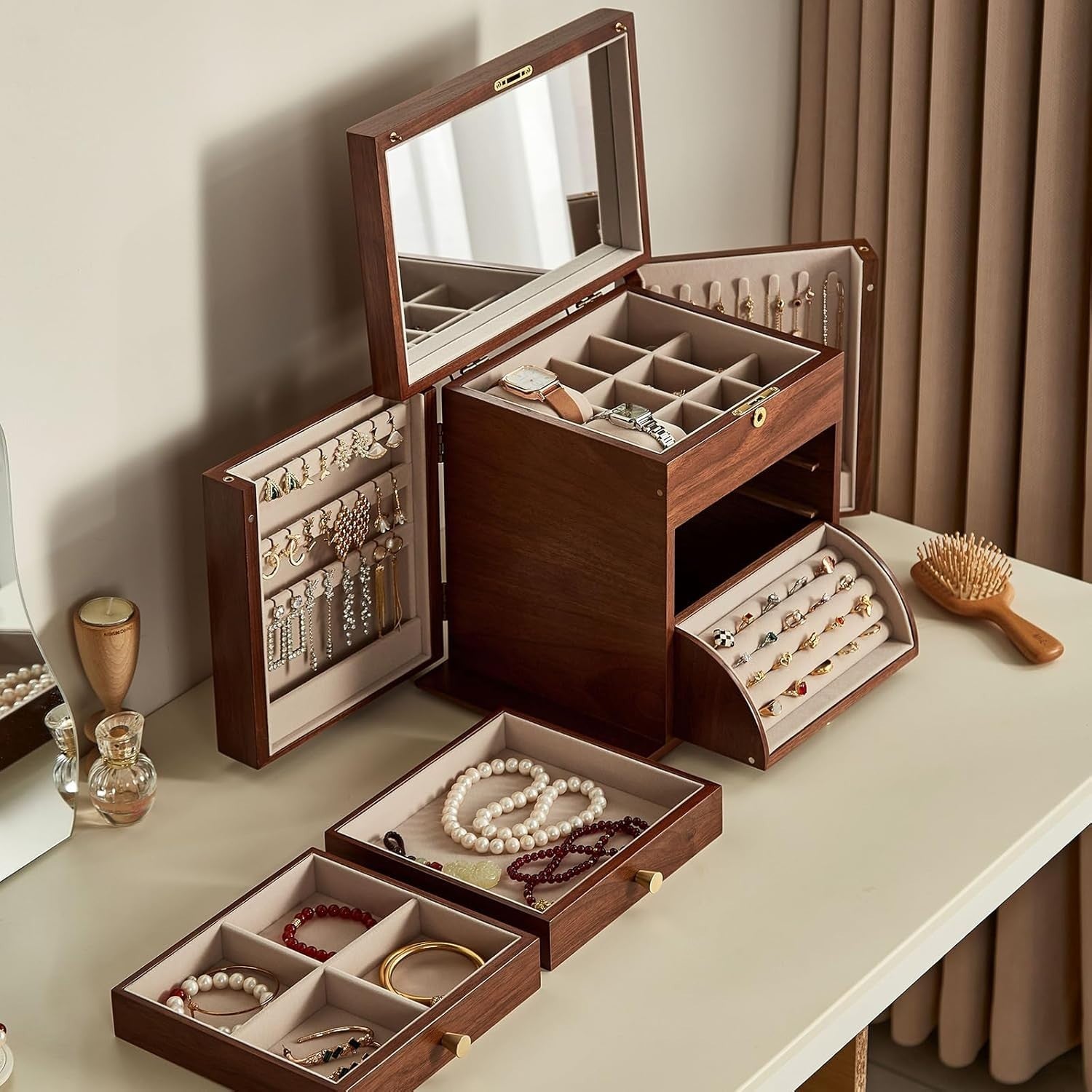 Walnut Wooden Jewelry Organizer Box Lockable Mirror 4 Tier Storage