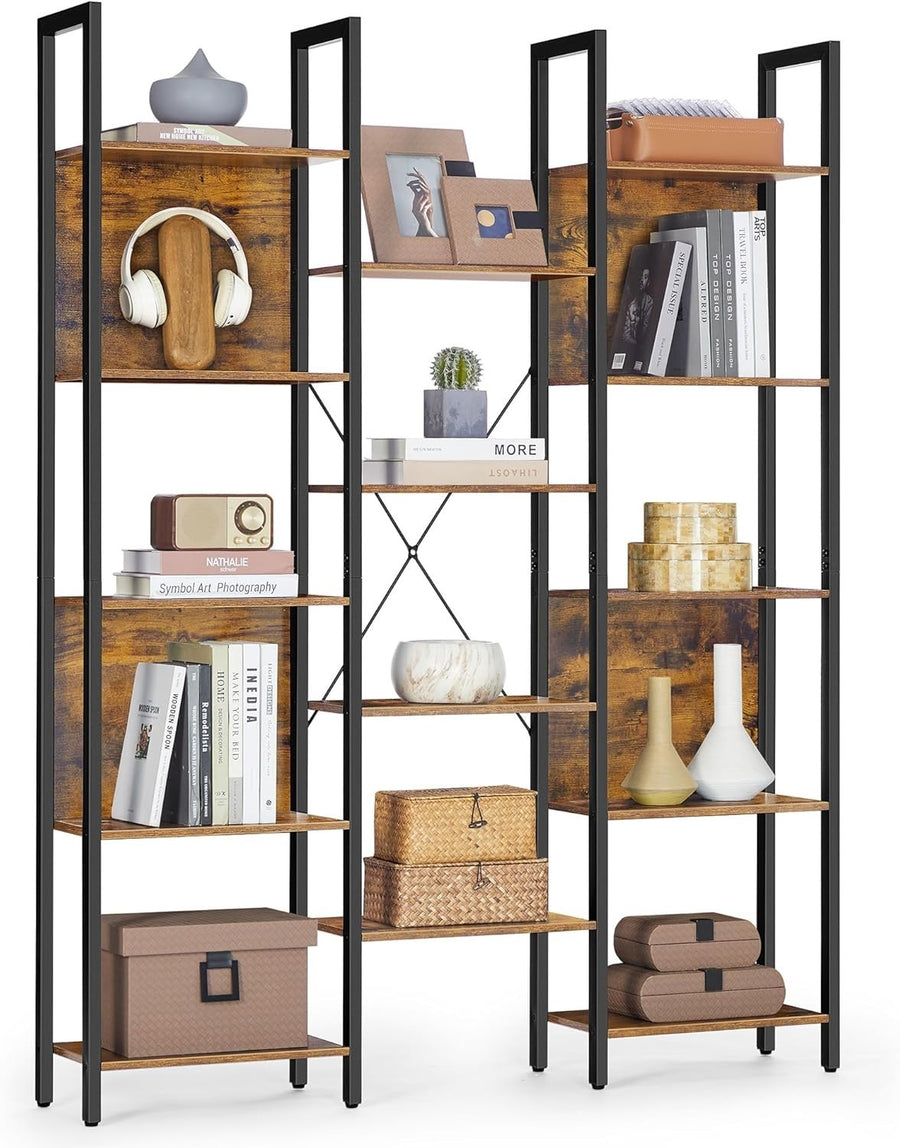 14 Shelf Industrial Bookcase Rustic Brown Metal Frame Storage Display Unit