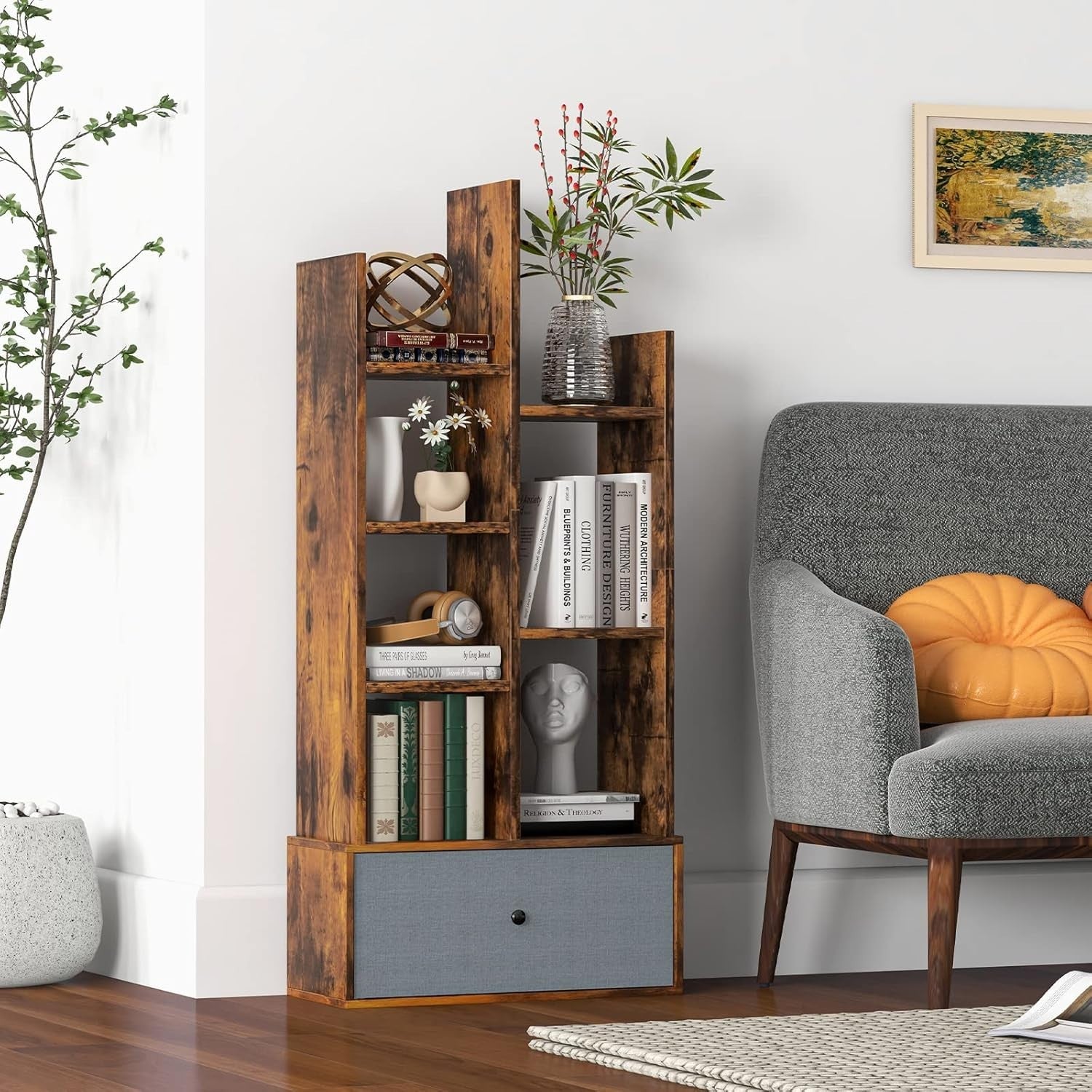 7-Tier Rustic Brown Wooden Bookshelf with Drawer, Space-Saving Storage