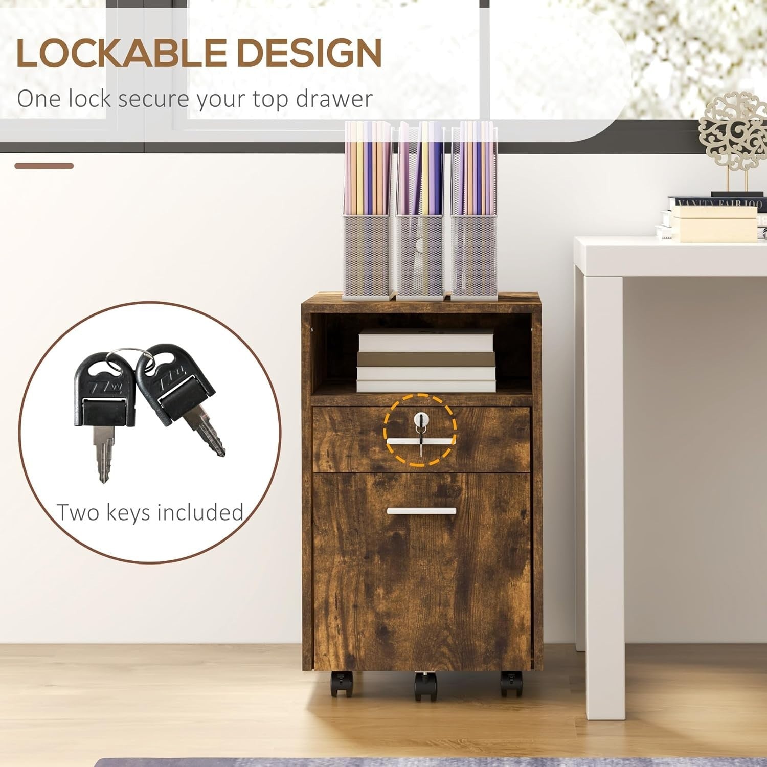 Rustic Brown Mobile File Cabinet 39x40x65cm Lockable A4 Letter