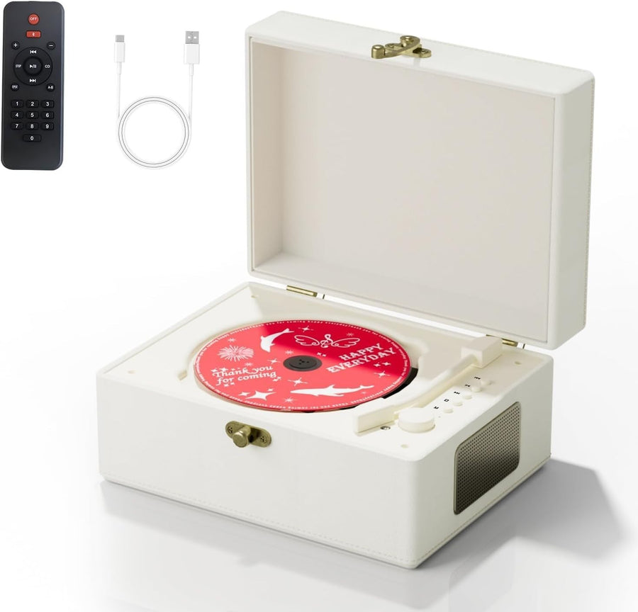 Rechargeable Leather CD Player w Speakers Bluetooth USB Remote