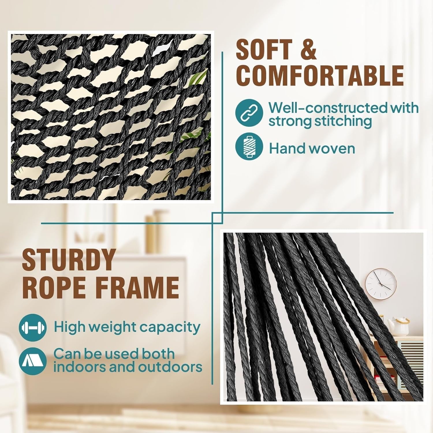 Dark Grey Hanging Hammock Chair – Cotton Mesh, Indoor Outdoor, 120kg Capacity