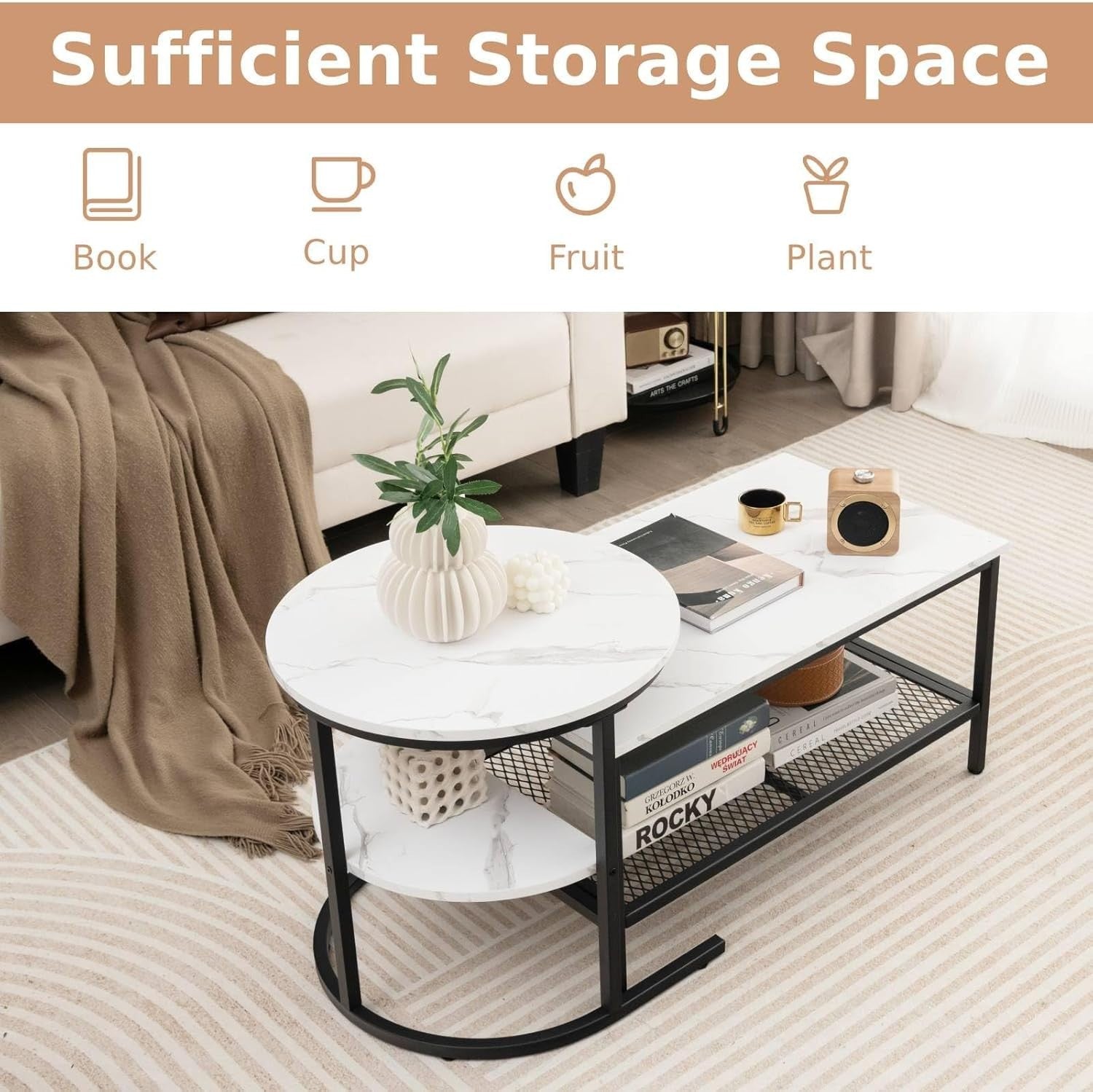 Modern Coffee Table Set 2-in-1 Nesting Side End Table Storage Black + White