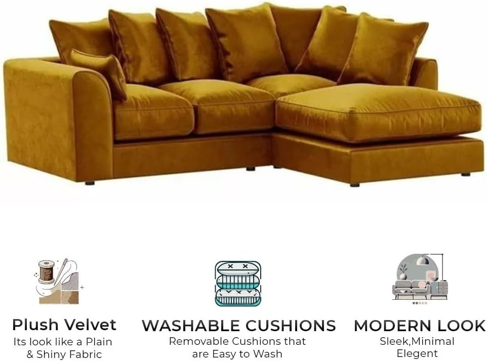 Velvet Corner Sofa Set 3+2 Seater Right Hand L Shape Mustard Couch Suite