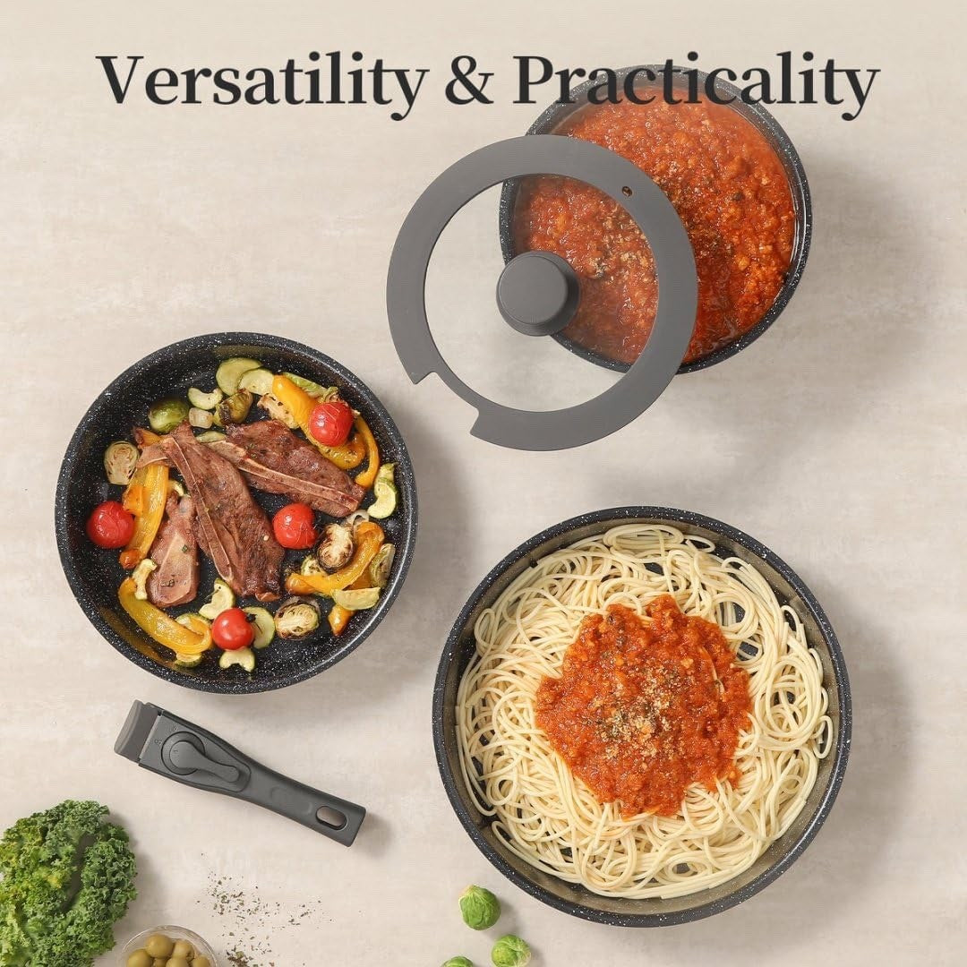 6pcs Non Stick Ceramic Cookware Set – Induction Safe Pans with Detachable Handle