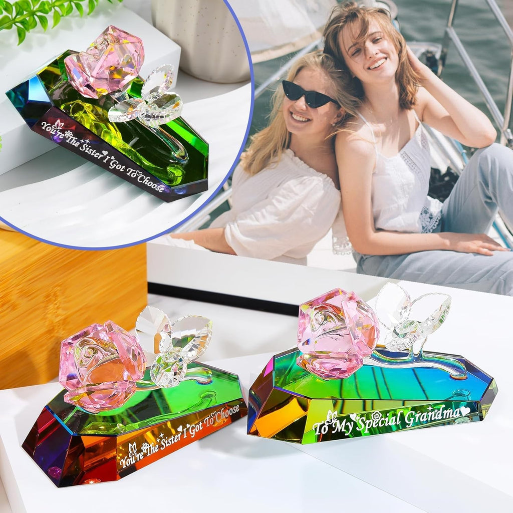 Crystal Rose Ornament Gift for Sister – Decorative Multicolour Glass Flower