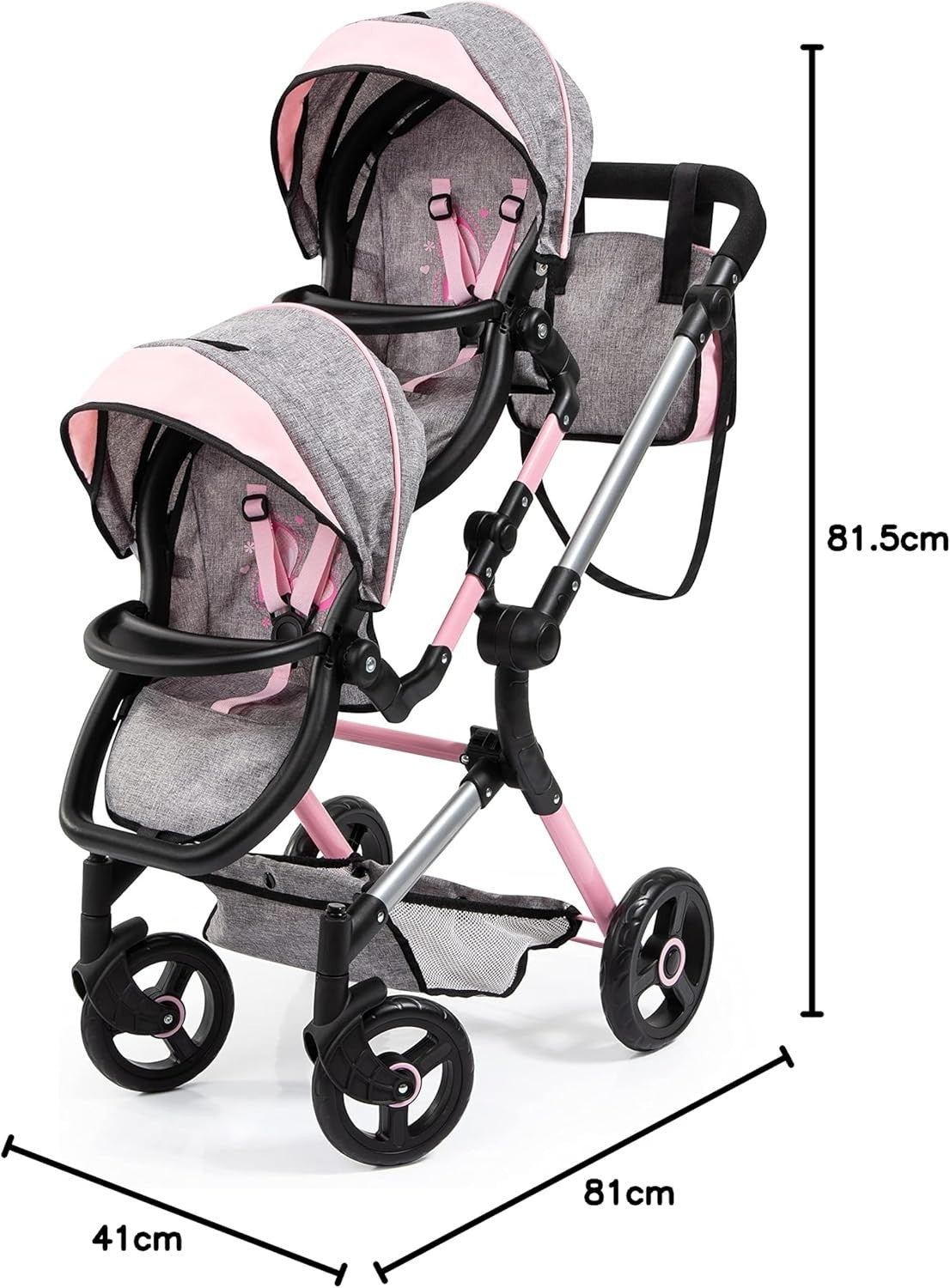 Twin Doll Pram Double Stroller Adjustable Handle Foldable Basket Bag