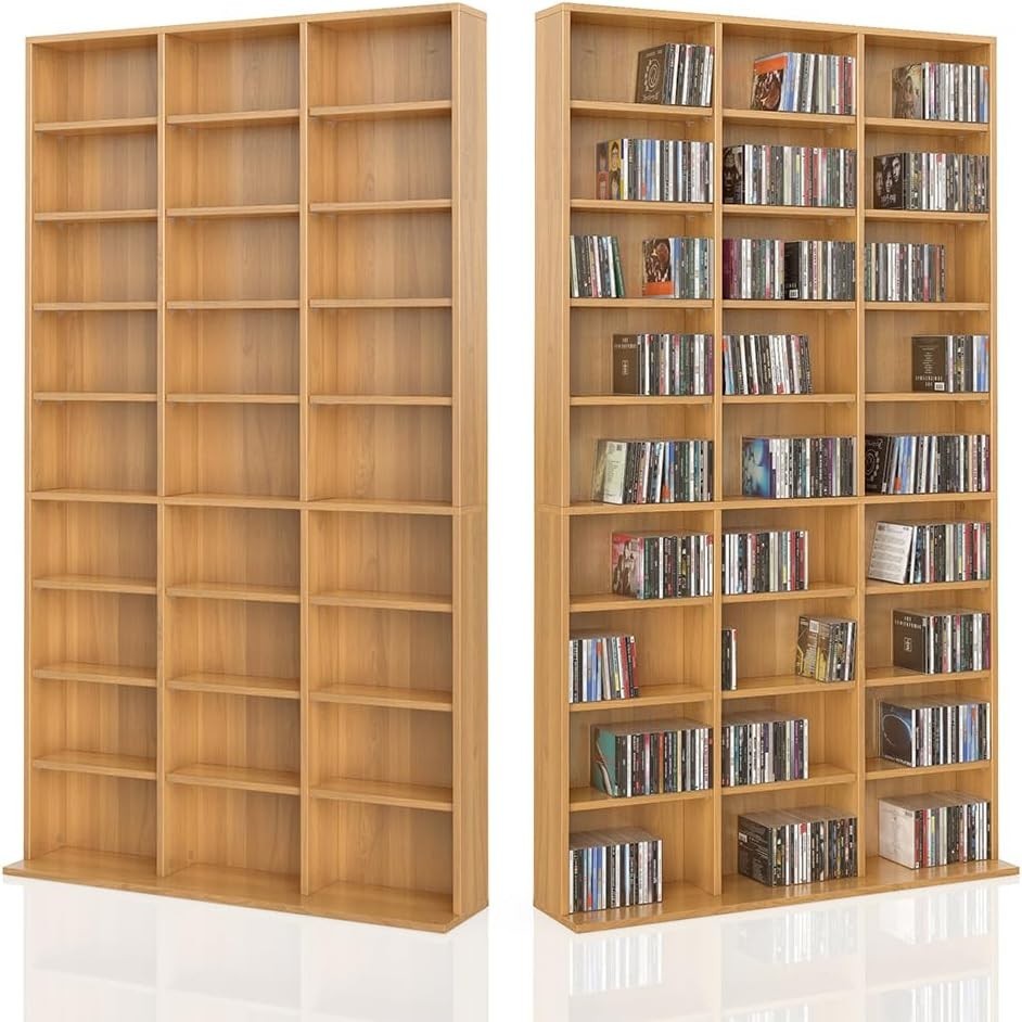CD DVD Storage Shelf Tower 178cm 27 Adjustable Shelves Wall Mount Beech