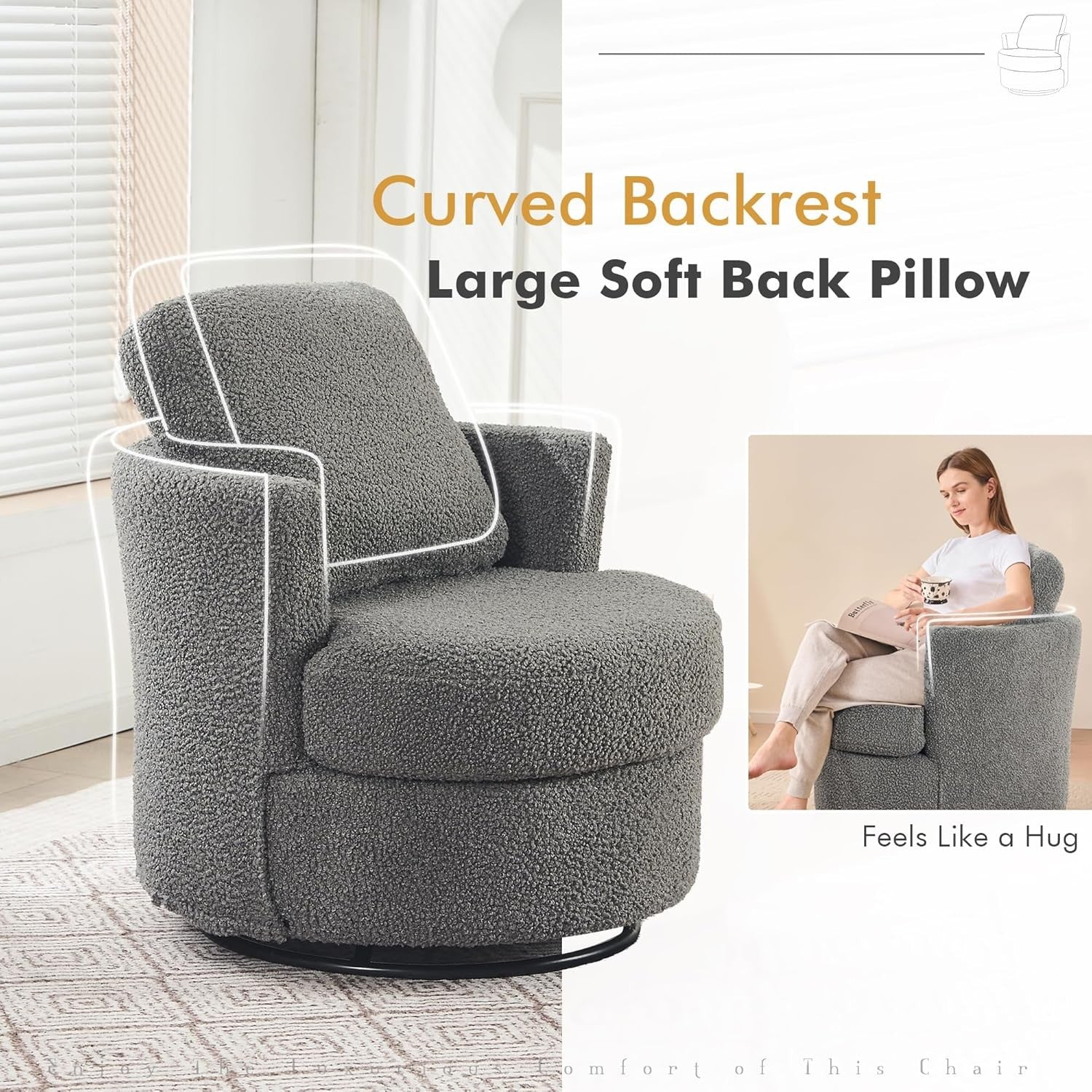Grey Teddy Swivel Cuddle Chair Boucle Armchair with Storage