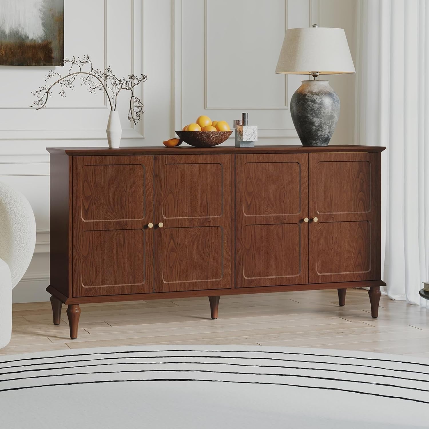 Mid-Century Sideboard with Wine Glass Racks, 4 Doors, Spacious Storage
