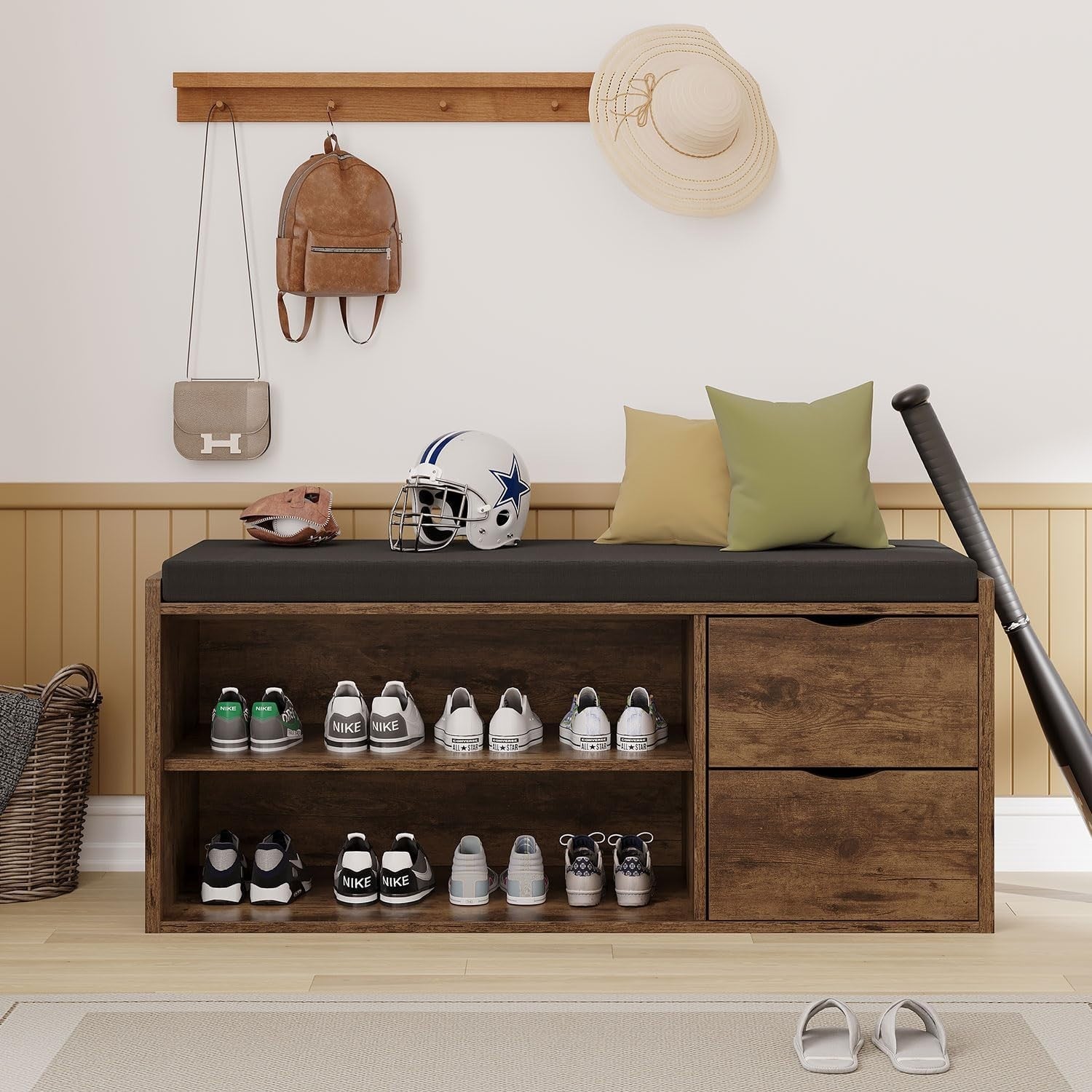 Rustic Brown Shoe Bench with Drawers & Cushion Industrial Storage 101x34x45cm