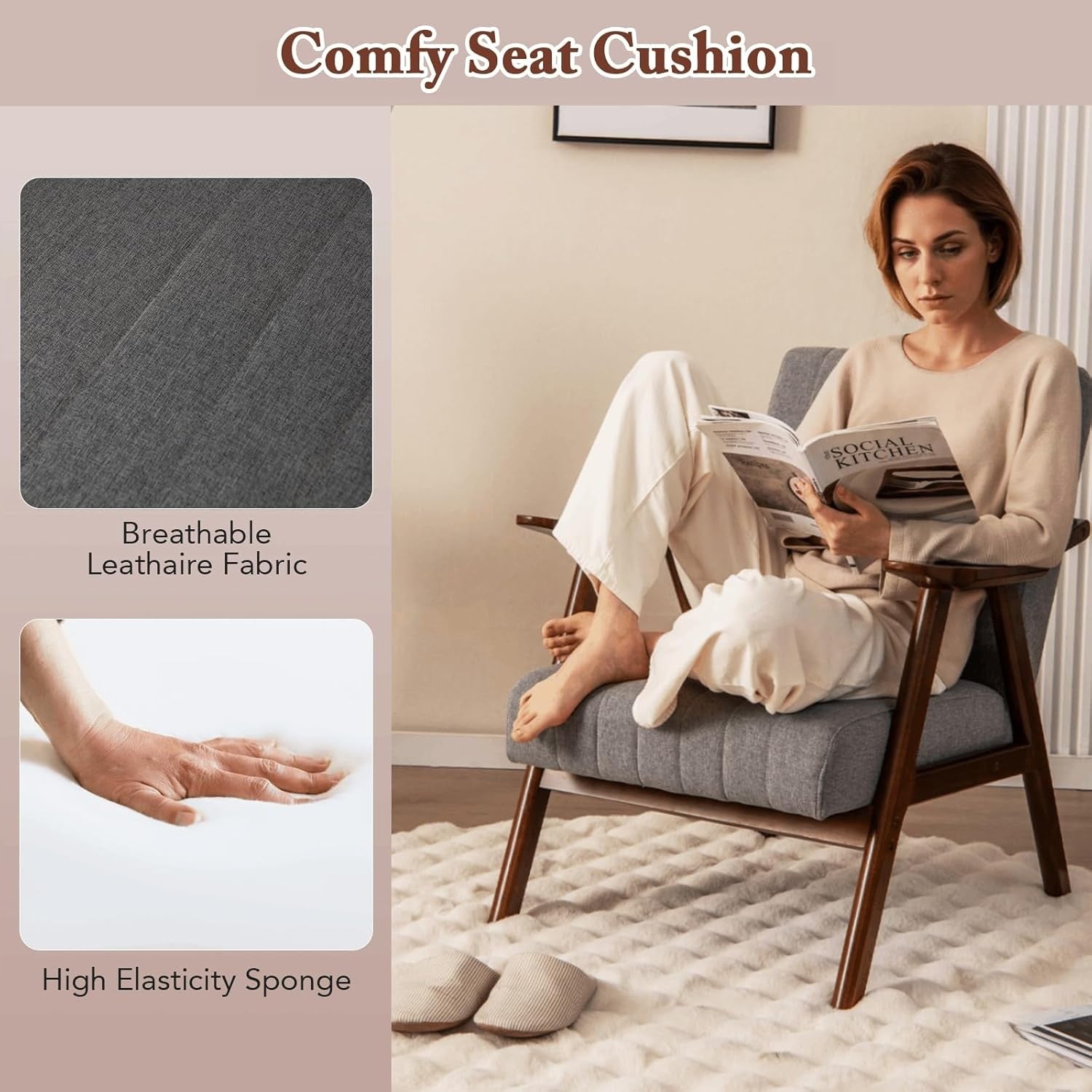 Light Grey Accent Armchair Modern Upholstered Lounge Chair Wood