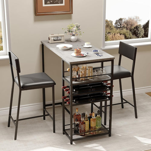 3-Piece Bar Table Set Black Table Wine Racks and 2 Stools Metal Frame Dining Set