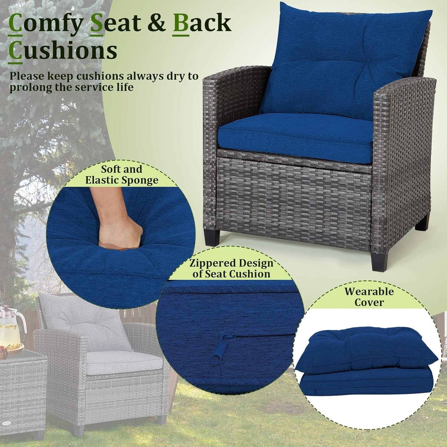 3PC Rattan Garden Bistro Set Chairs Table Cushions Patio Balcony Navy Set