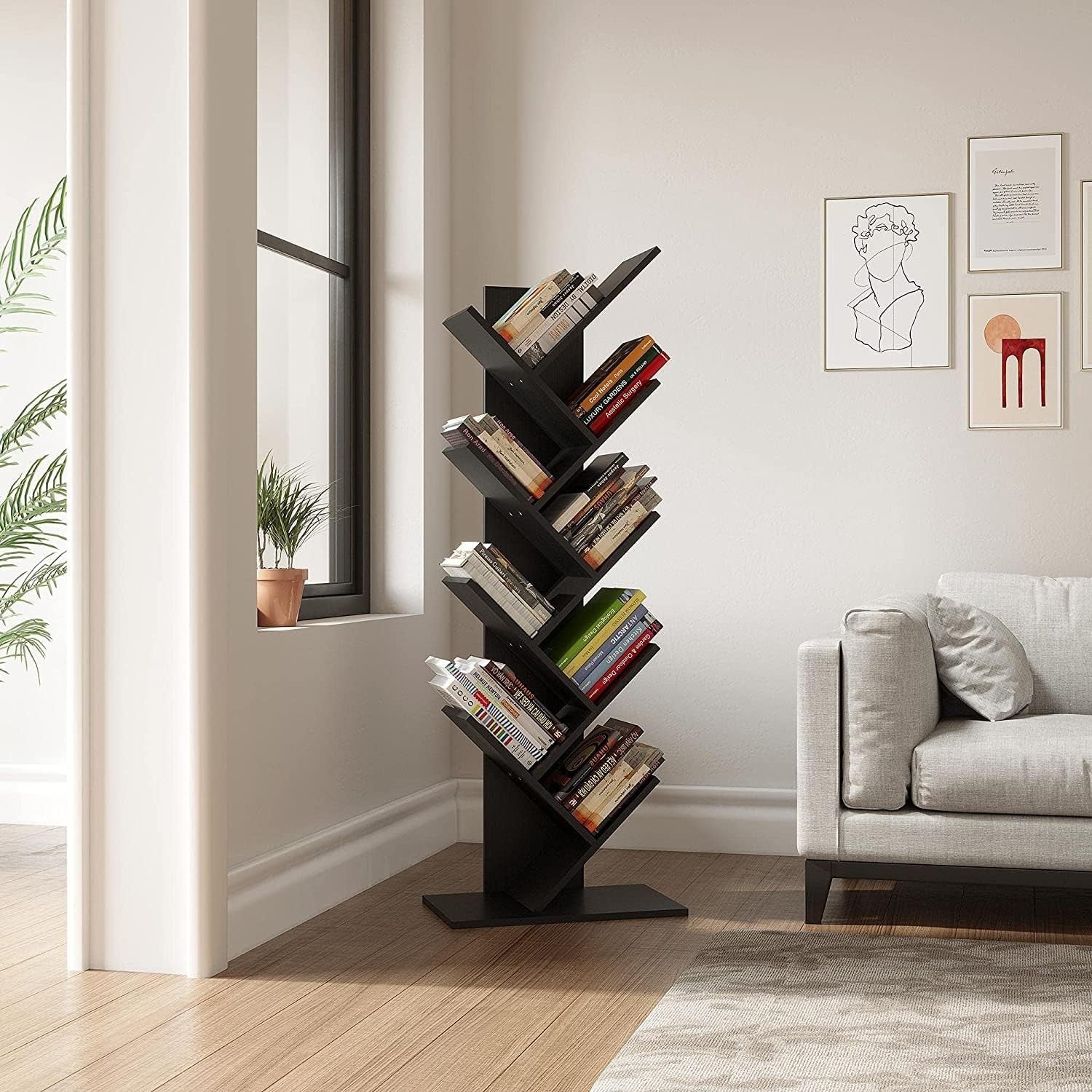 Tall Black Tree Bookshelf | 9-Tier Modern Space-Saving Bookcase for Living Room