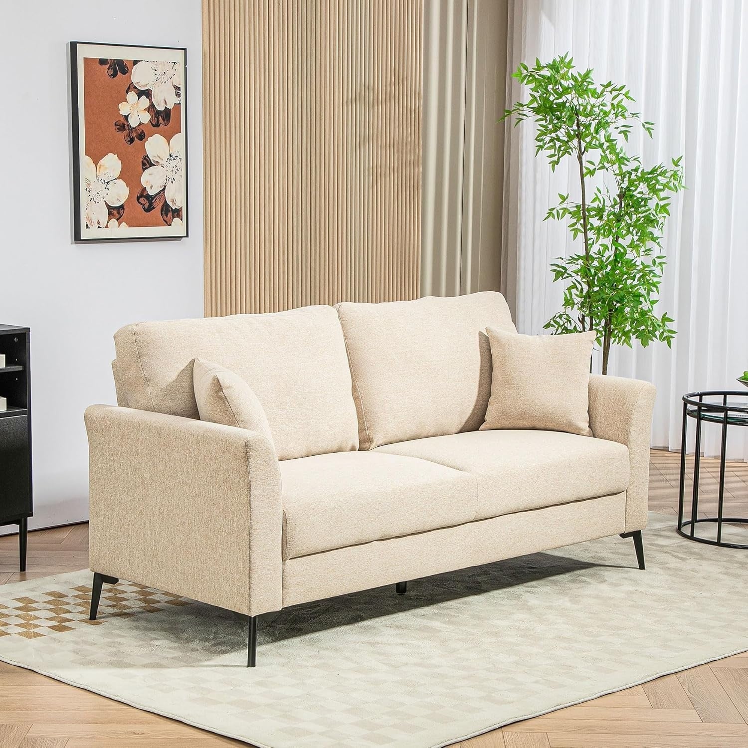 Modern 3 Seater Sofa Bed Beige Linen Storage Metal Legs Compact Lounge