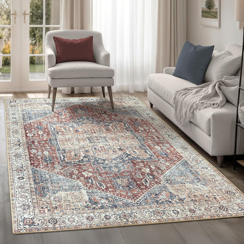 Large Washable Rug 240x330cm Non-Slip Vintage Red Navy Soft Short Pile Area