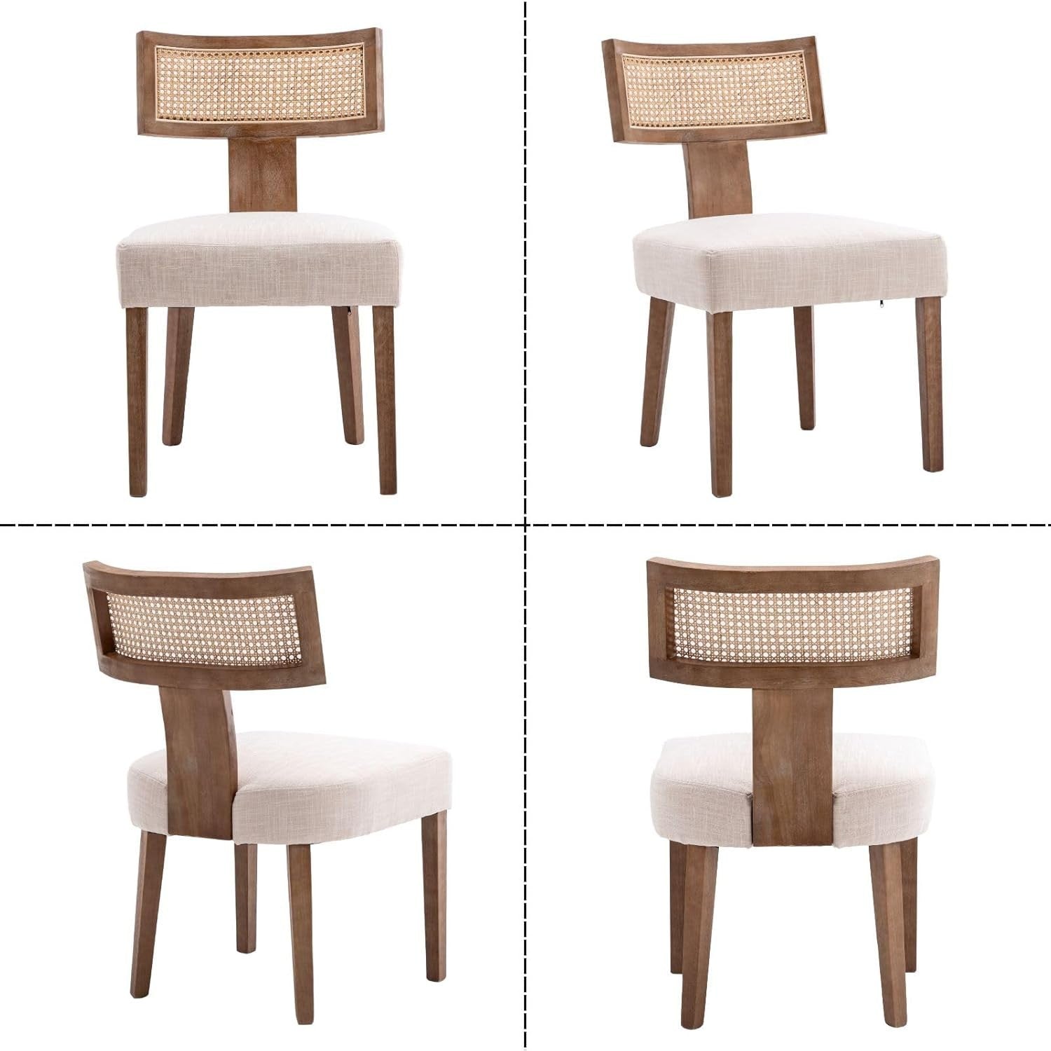 Natural Rattan Dining Chairs Set of 2 Upholstered Wood Kitchen Chairs Retro