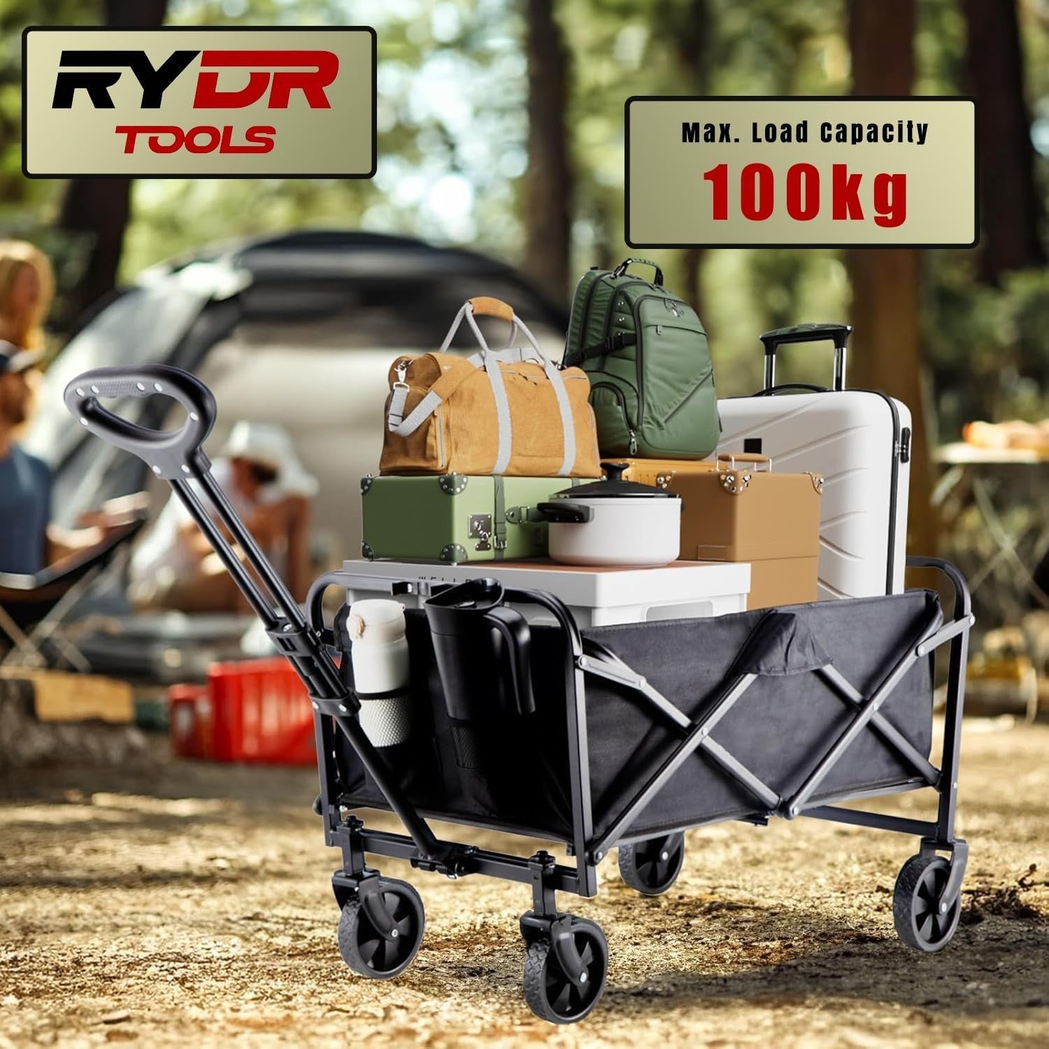 70L Folding Festival Trolley Lightweight Camping Garden Wagon 100kg Load Black