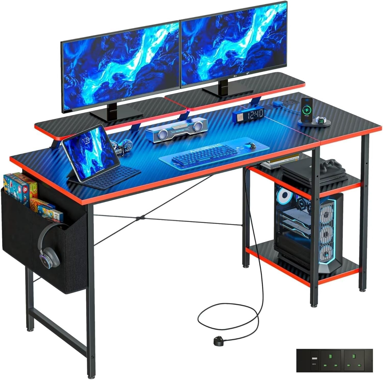 Black LED Gaming Desk 120x50cm w/ Power Outlets & Dual Monitor Stand