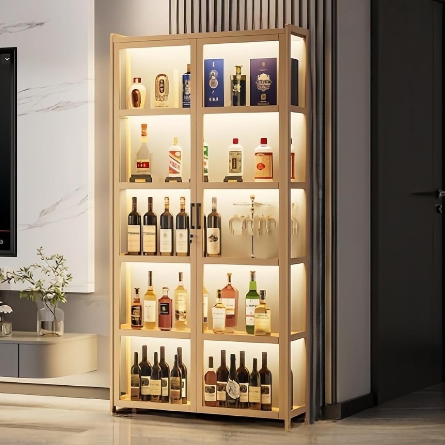 Tall LED Wine Cabinet Display Unit with Glass Doors, Storage Shelves & Lock