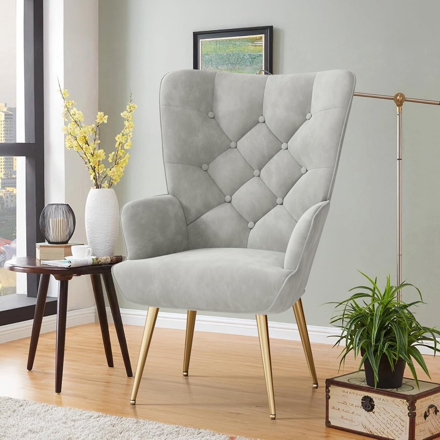 Velvet High Back Armchair Wing Back Gold Legs Grey