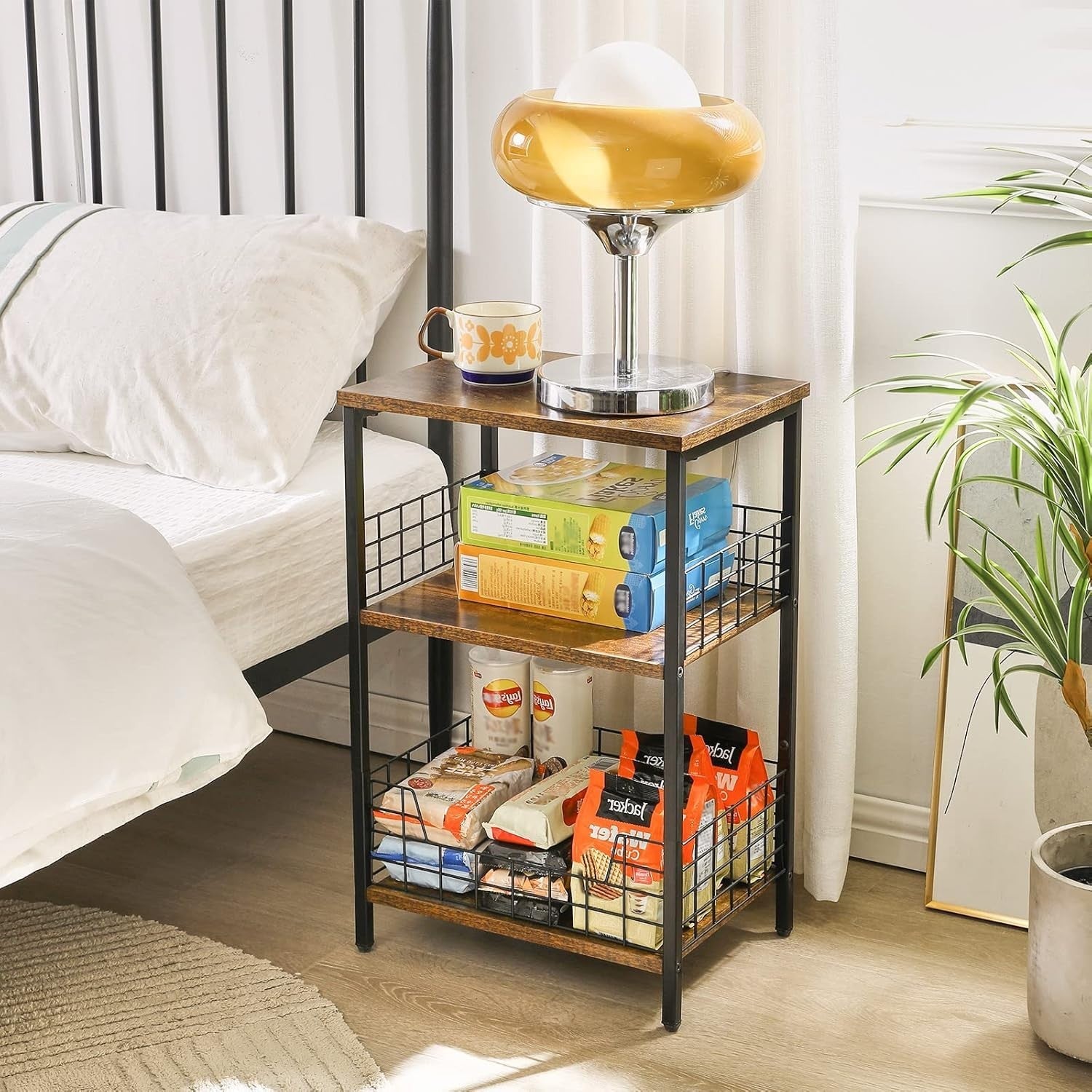 3-Tier Industrial Side Table with Storage Rack | Compact Rustic Brown 40x29x62cm