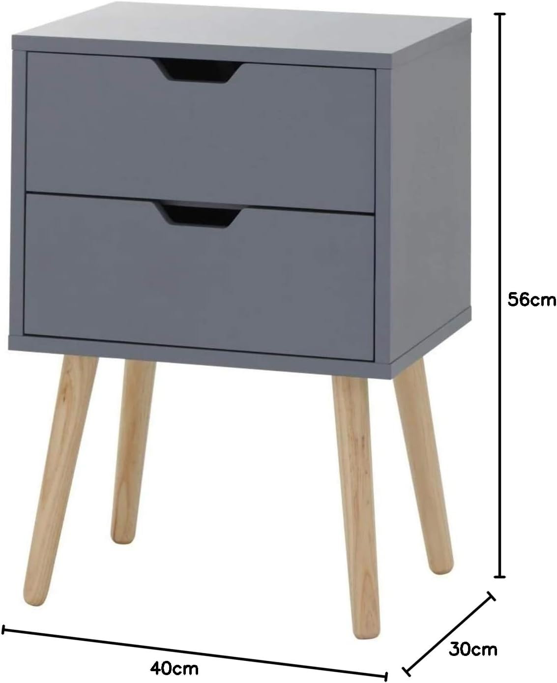 Set of 2 Modern Dark Grey Bedside Tables with 2 Drawers & Wooden Legs