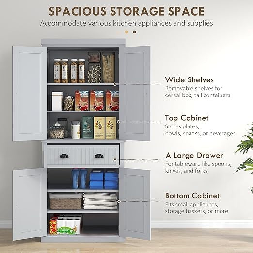 Tall Kitchen Storage Cabinet 4 Door Cupboard with Drawer & Adjustable Shelves
