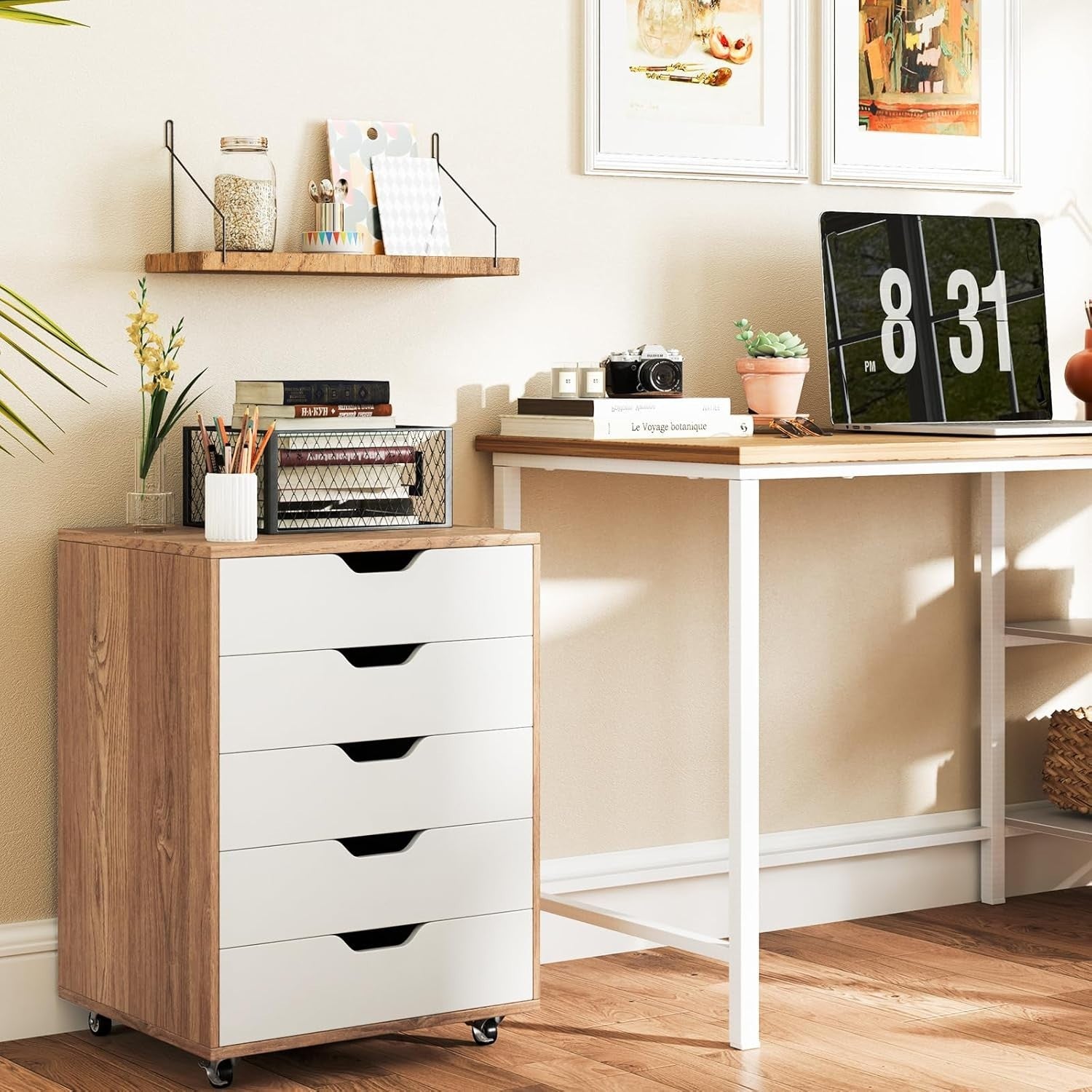 Natural Wood Mobile Filing Cabinet 5 Drawer Rolling Under Desk Storage