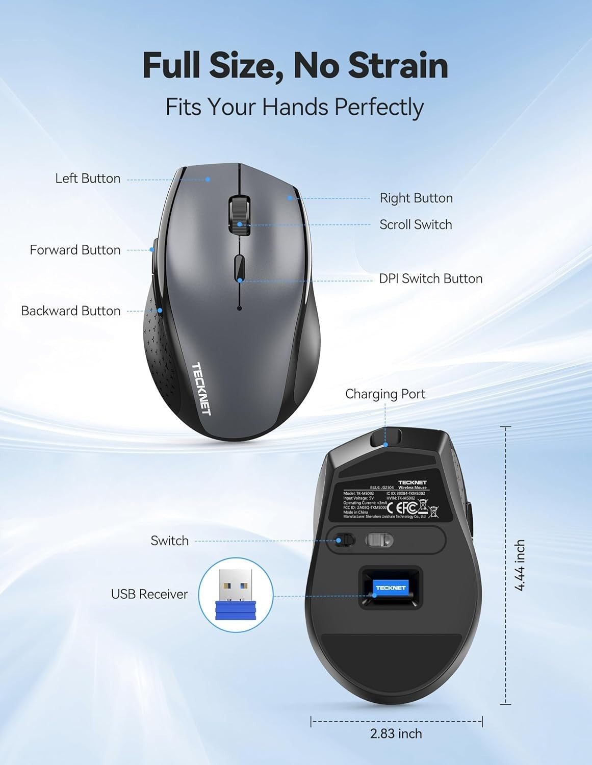 Rechargeable Wireless Mouse 6400 DPI Silent Ergonomic USB Nano for Laptop PC