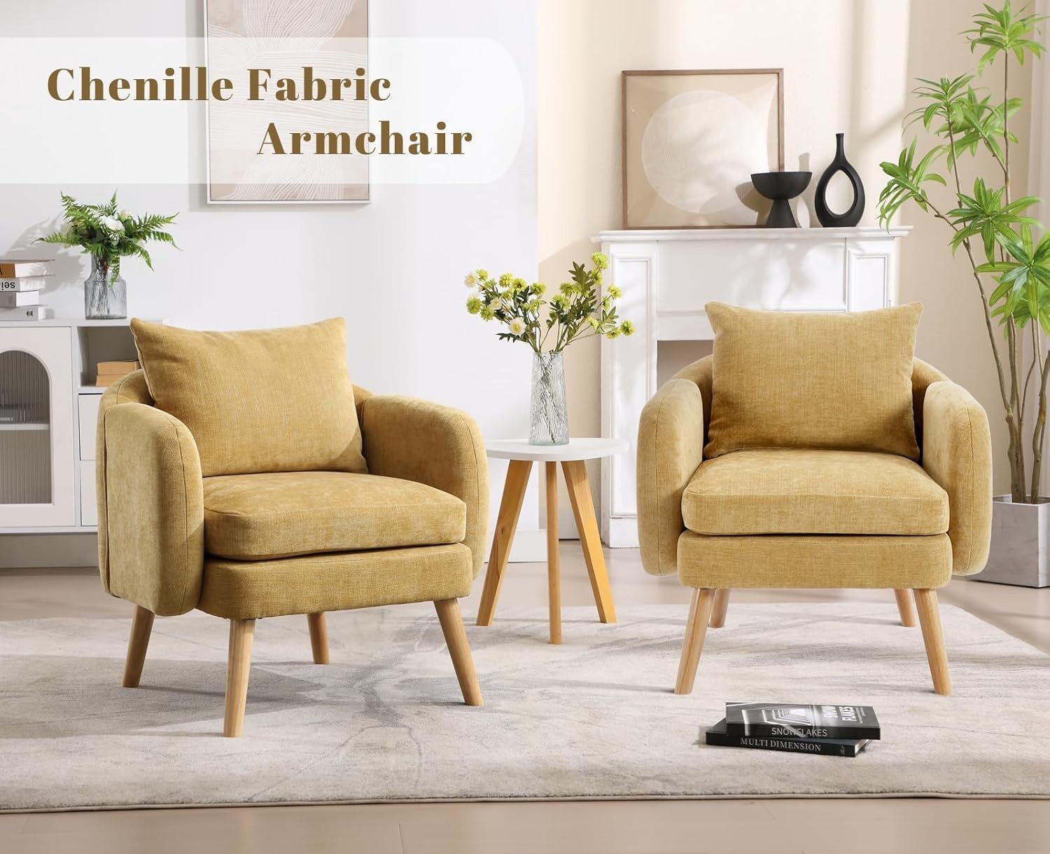 Yellow Accent Armchair Chenille Lounge Chair with Wood Legs for Living Room