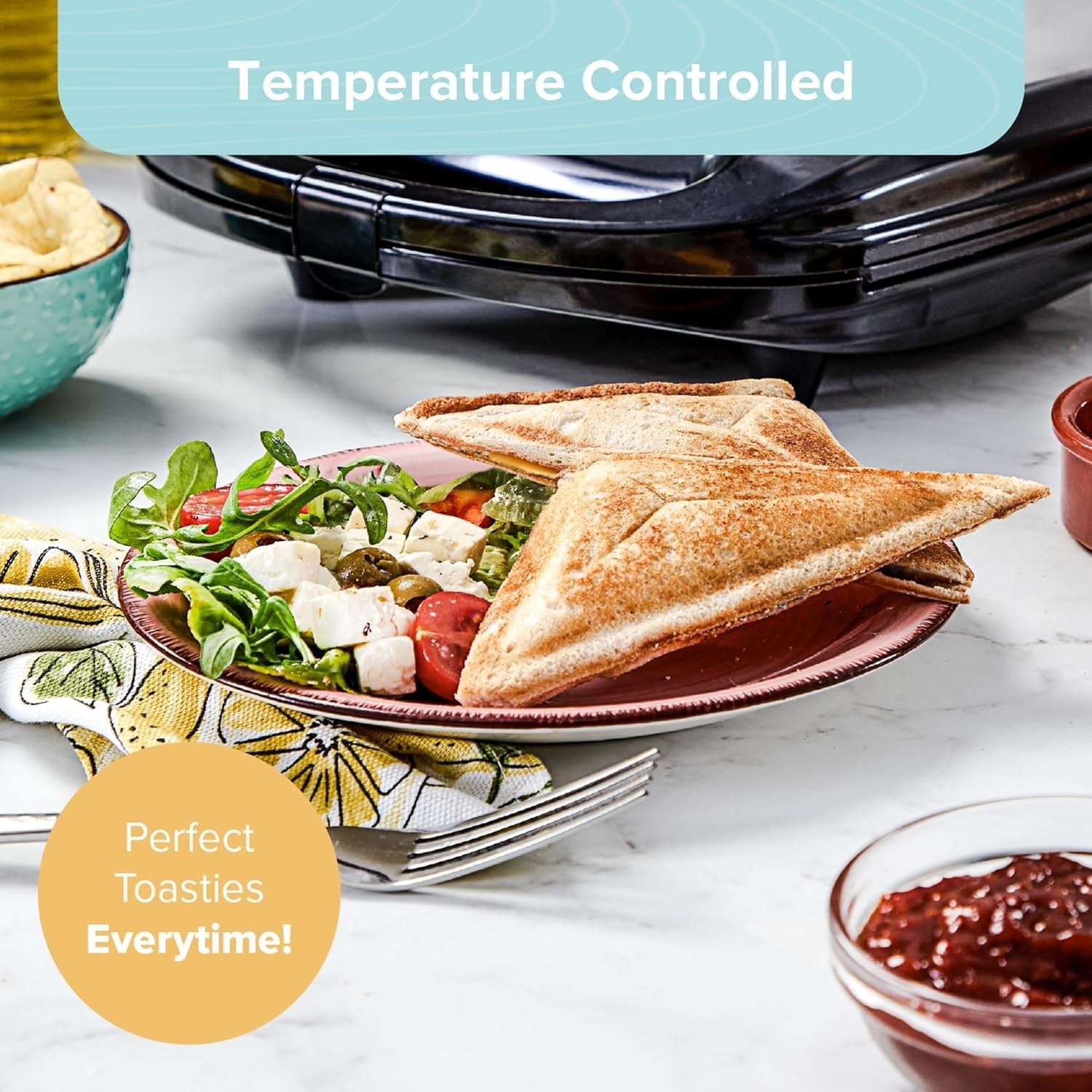 4 Portion Quad Sandwich Toaster Non-Stick, Auto Temp Control, Easy Clean