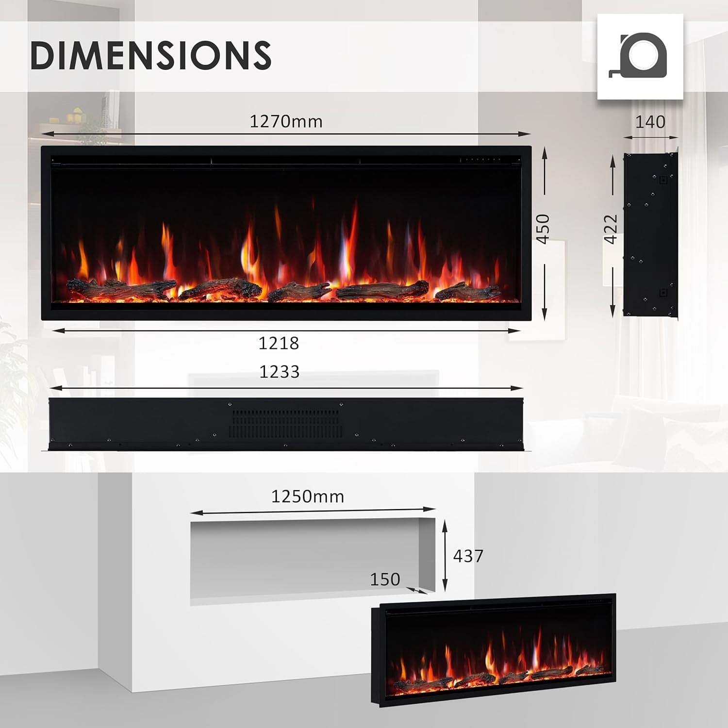 50” Wall Mounted Electric Fireplace LED Heater Fire Log Remote