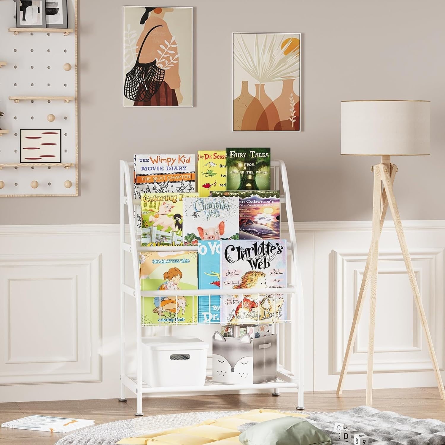 Kids Leaning Bookshelf & Toy Storage Rack – Durable Metal, Space Saving, White