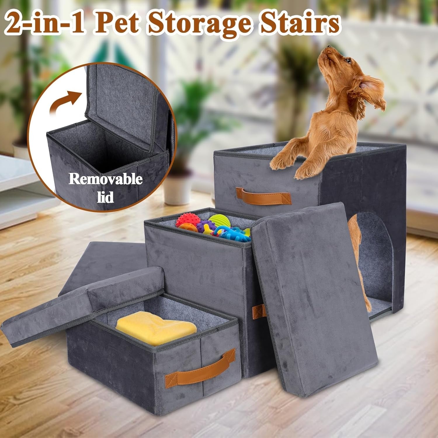 Foldable Dog Steps for Sofa with Storage Non Slip 3 Tier Grey