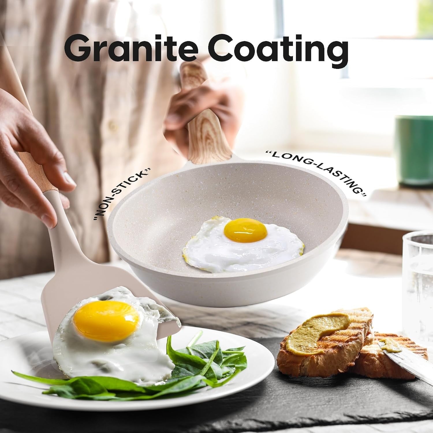 11Pcs Beige Non Stick Cookware Set with Grill Pan & Lids