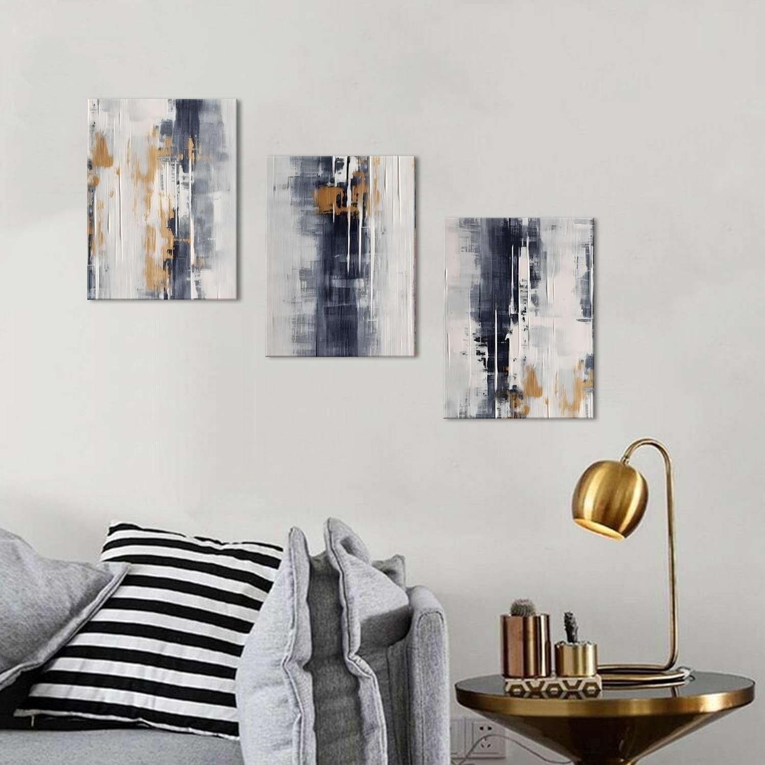 Set of 3 Grey Abstract Canvas Wall Art Gold Black 40x30cm