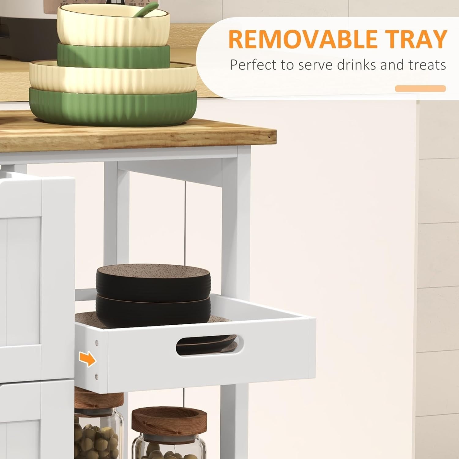 Rolling Kitchen Island Cart with Storage Drawers & Removable Tray, White Trolley