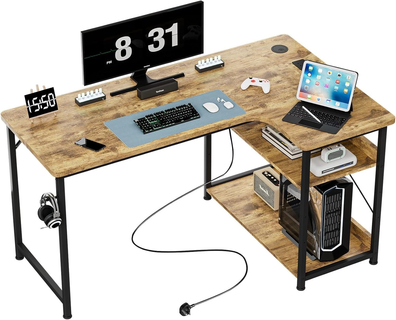 Brown L Shaped Desk with USB Ports 110x80cm Corner Workstation & Shelves