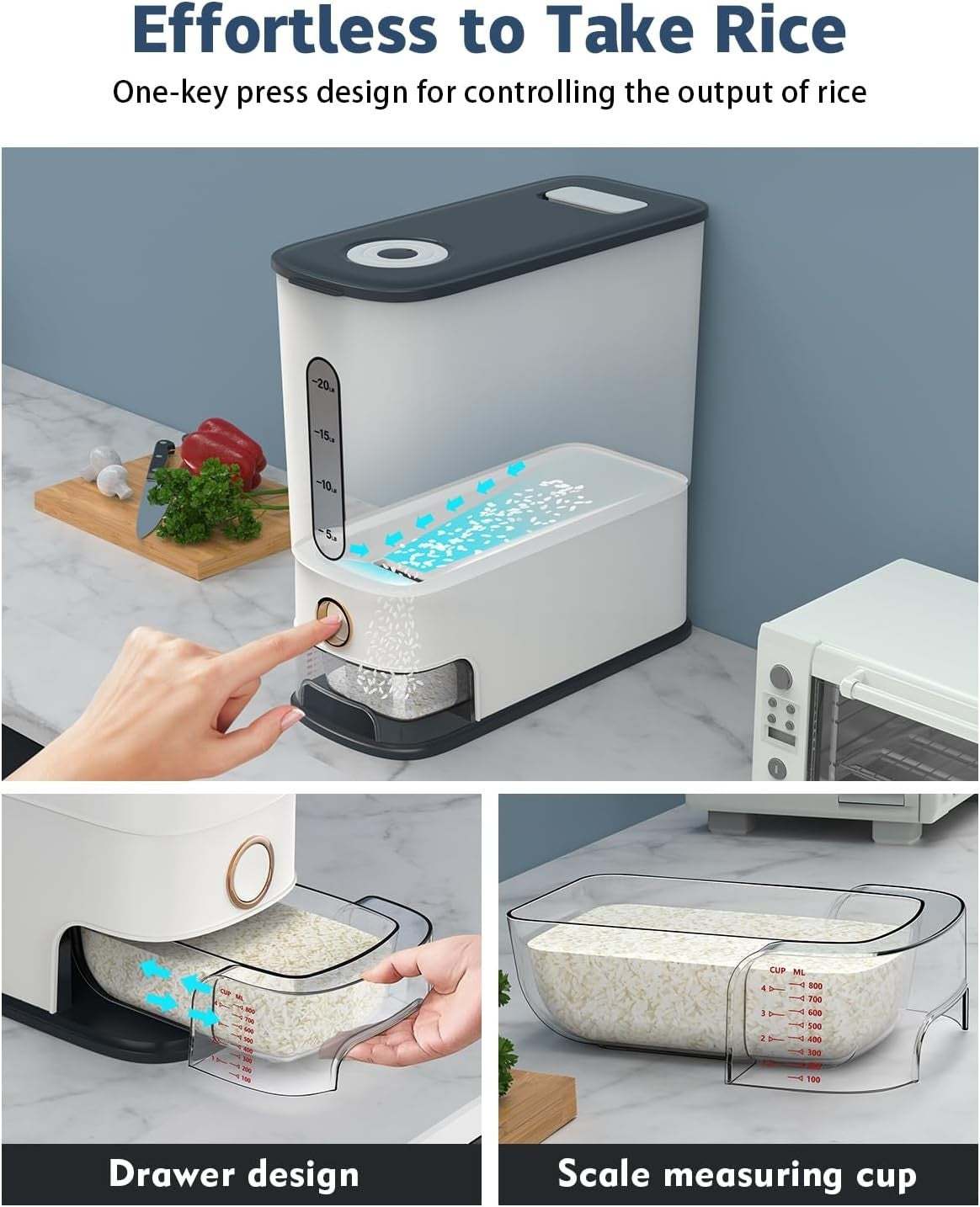 12kg Rice Dispenser BPA Free Airtight Storage w Measuring Cup
