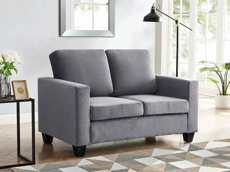 2 Seater Grey Velvet Sofa | Compact Couch in a Box w/ Foam Seat & Wood Legs